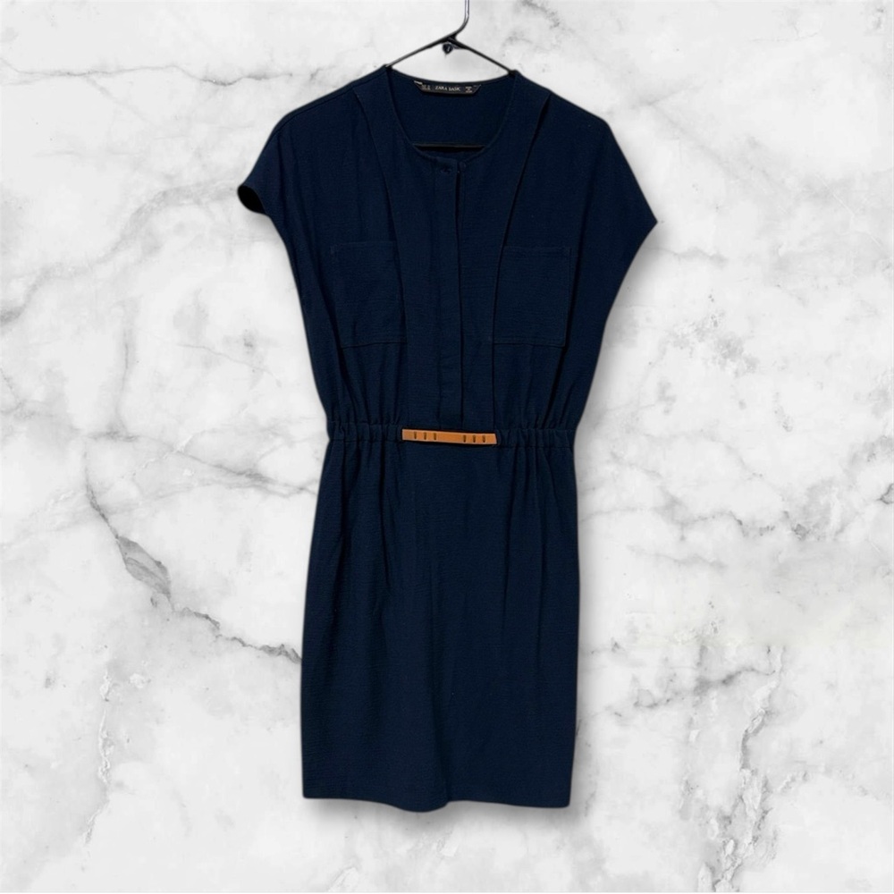 Zara Dark navy Blue belted Mini Dress size medium